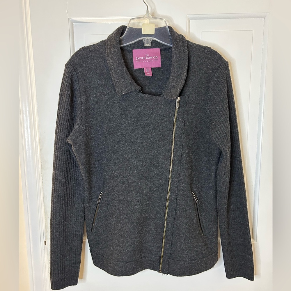 SAVILLE ROW CO. LONDON CHARCOAL GRAY ASYMMETRICAL ZIP MOTO STYLE SWEATER SZ MED